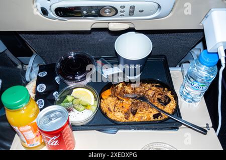 Flugzeugessen. Mittagessen auf dem Flugzeugsitz im Flug, Hühner mit Reis, Getränke, serviert auf Flugzeugsitz in Flug Boeing 787-10 Etihad Airways Stockfoto