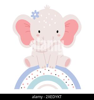 Süßer Elefant, sitzt auf einem Regenbogen. Postkarte im Scandi-Stil. Kinderkindergarten flache Vektor-Illustration Stock Vektor