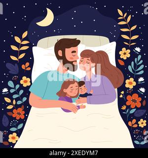 Mom, Dad, Tochter und Sohn schlafen zusammen. Glückliche Familie. Kinderbetreuungs- und Elternschaftskonzept. Stock Vektor