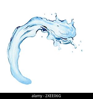 Wasserstrahl und Spritzer isoliert auf weißem Hintergrund. Handgezeichnete Aquarellillustration für Verpackungssymbol, Banner, Logo, Design, Etiketten. Speichern Sie den Stockfoto