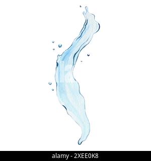 Wasserstrahl und Spritzer isoliert auf weißem Hintergrund. Handgezeichnete Aquarellillustration für Verpackungssymbol, Banner, Logo, Design, Etiketten. Speichern Sie den Stockfoto