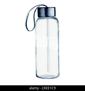 Wasserflasche. Handgezeichnete Aquarellillustration. Frisches gesundes Getränk auf weißem Hintergrund. Aquarellmalerei für Banner, Postkarten, Websites, DE Stockfoto