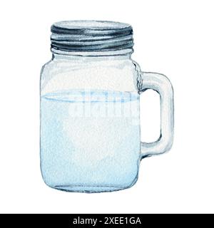 Glas Wasser. Handgezeichnete Aquarellillustration. Frisches gesundes Getränk auf weißem Hintergrund. Aquarellmalerei für Banner, Postkarten, Websites, Stockfoto
