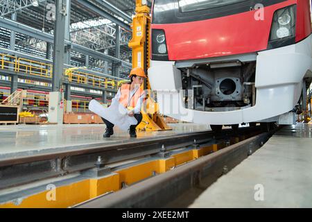 Porträt einer jungen Technikerin mit einem Bauplan, der in einer Skytrain-Reparaturstation arbeitet und steht. Stockfoto