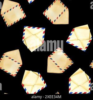 Nahtloses Muster. Briefumschläge mit roten und blauen Streifen auf schwarzem Hintergrund. Alle Gegenstände sind handbemalt mit Aquarellen. Stockfoto