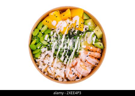 Schüssel mit Garnelen, Ananas, Avocado, Bohnen und Algen Stockfoto