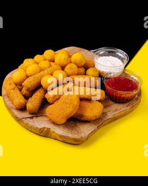 Nuggets und Käsebällchen mit Saucen Stockfoto