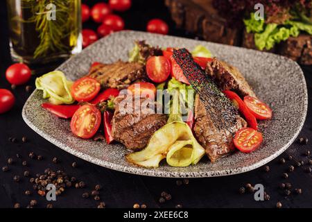 Warmer Rindersalat auf Teller Stockfoto