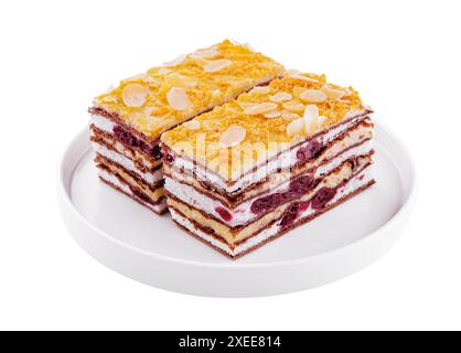 Zwei Scheiben mehrschichtiger Kakaoschwammkuchen mit Mandeln Stockfoto