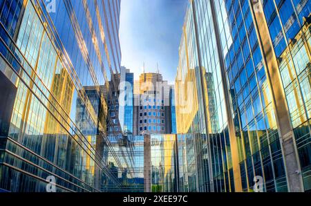 Glass Canyon: Reflexionen und Licht in der urbanen Architektur Stockfoto