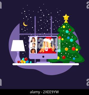 Glückliche Freunde feiern Weihnachten und Neujahr. Online-Party zu Hause. Mädchen in einem Weihnachtsmann-Hut kommuniziert mit Freunden über einen Videoanruf. Vektor. Flach. Stock Vektor