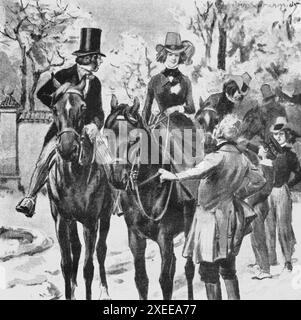 Junger Lagy, der Reitunterricht nimmt und von Senioren, Familienleben und Geschlechterrolle am Ende des 19. Jahrhunderts ergänzt wird, historische Illustration 1890 Stockfoto