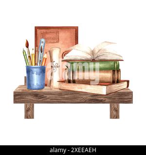 Bücher stapeln und Schreibgeräte auf Bücherregal. Komposition mit Notizbuch und Papyrusrolle. Handgezeichnete Aquarellillustration isoliert. Schule Stockfoto