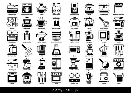 Eine Sammlung von Küchengeräten und Utensilien. Die Geräte sind mit Mikrowelle, Toaster, Kaffeemaschine und Mixer ausgestattet. Die Utensilien enthalten ein Messer Stock Vektor