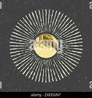 Vintage Grunge Sunburst Sonnenstrahlen. Goldfolie, glänzende handgemachte Kreise. Goldene, glitzernde Textur, Muster. Handgezeichnet, platzende Sonne, Lichtstrahlen Stock Vektor