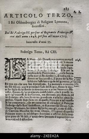 "Mappamondo Istorico". Band V. Teil IV. Leben der Könige von Dänemark und Norwegen, von 1448 bis 1705. Friedrich III. (1609-1670). König von Dänemark und Norwegen (1648-1670). Von Pater Antonio Foresti (1625–1692), von der Gesellschaft Jesu. Parma, 1710. Autor: Antonio Foresti (1625-1692). Italienischer Jesuit und Historiker. Stockfoto