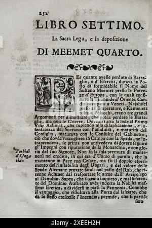 "Mappamondo Istorico". Band VI. Teil II. Das Leben der Osmanischen Kaiser. Buch Sieben. Die Heilige Liga und die Deposition von Mehmed IV. (1642-1693). Von Pater Antonio Foresti (1625–1692), von der Gesellschaft Jesu. Venedig und Parma, 1722. Autor: Antonio Foresti (1625-1692). Italienischer Jesuit und Historiker. Stockfoto