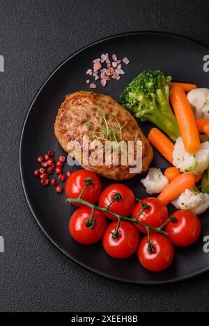 Köstliche frisch gebratene Fischschnitzel mit Gewürzen und Kräutern auf dunklem Betonhintergrund Stockfoto