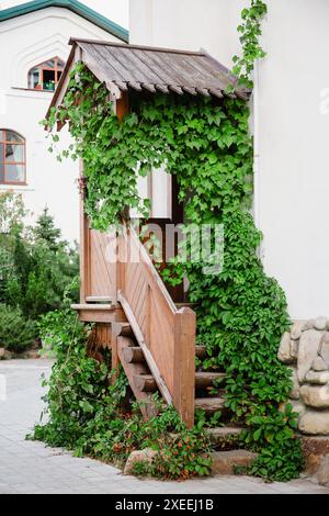 Rustikale hölzerne Veranda mit üppig grünen Kletterweben bedeckt Stockfoto