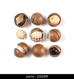Macadamia isoliert auf weiß, Draufsicht Stockfoto