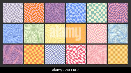 Grooviges Karomuster, buntes, verzerrtes Gitter. Vintage gewellter Hintergrund, Verzerrungseffekt. Funky geometrische Schachbrettstruktur, Retro Stock Vektor