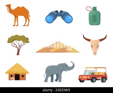 Elemente und Symbole der touristischen Ausrüstung für Afrika und Safari. Fernglas, Wasserflasche, Hütte, Kamel, Dünen, safari Jeep, Elefant. Vektor Stock Vektor