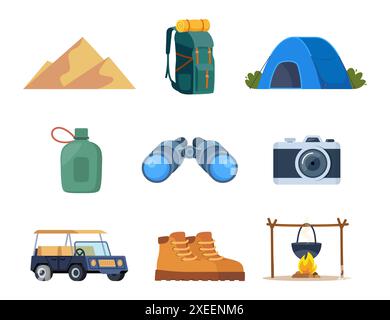 Elemente und Symbole der touristischen Ausrüstung für Afrika und Safari. Fernglas, Rucksack, Fotokamera, Kamel, Dünen, safari Jeep, Stiefel, Wasserflasche. Vektor Stock Vektor