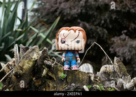 Funko Pop Actionfigur der Chucky Serienmörderpuppe aus Horrorfilmen Child's Play. Moody, düster, gruselig, dunkelgrüner Wald, Baumstumpf. Stockfoto