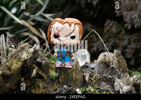 Funko Pop Actionfigur der Chucky Serienmörderpuppe aus Horrorfilmen Child's Play. Moody, düster, gruselig, dunkelgrüner Wald, Baumstumpf. Stockfoto