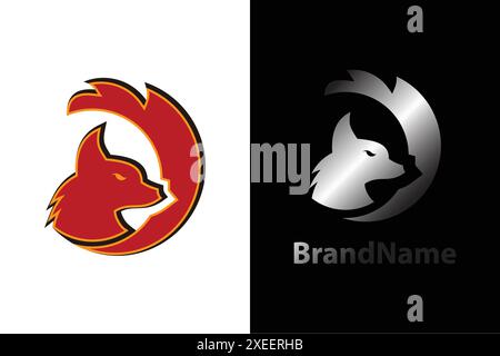 Kreative Designvorlage für Wolfskopf-Logo. Element der Unternehmensidentität. Logo-Illustration eines Wolfskopfes mit einem gebogenen Schwanz. Vektorabbildung. Stock Vektor