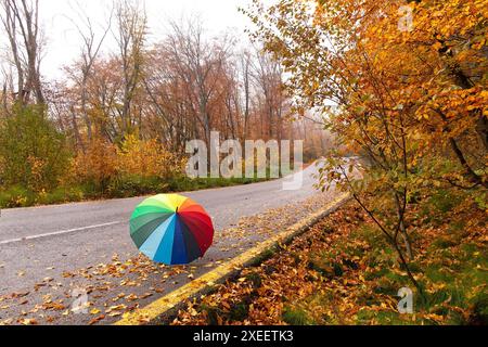 Khizi. Aserbaidschan. 10.19.2021. Ein schöner Regenbogenschirm im Herbstwald. Stockfoto