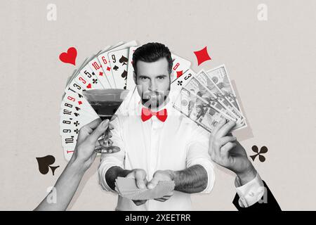 Bildskizze Collage des gutaussehenden Mannes halten Karte spielen Poker Spiel gewinnen Jackpot isoliert auf Zeichnung Hintergrund Stockfoto