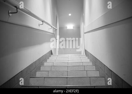 Stufen führen nach oben und eine Ampel am Ende des Korridors mit einem leuchtenden Ausstiegsschild. Ein Flur mit Treppen, beleuchtet durch Lampen, Geländer, Tür am en Stockfoto