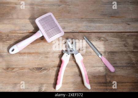 Set von rosa Katzenpflegewerkzeugen, Slickerbürste, Nagelschneider und Nagelfeile, die Gesundheit und Sauberkeit der Katze, Katzenhygiene, Tierpflege gewährleisten Stockfoto