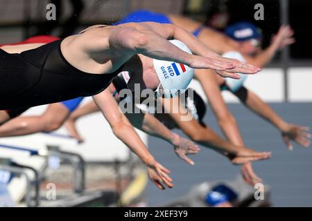 Tessa Giele aus den Niederlanden nimmt an den 100 m langen Butterfly Women Heats während des 60. Settecolli Schwimmens im stadio del Nuoto in Rom (Italien) am 22. Juni 2024 Teil. Stockfoto