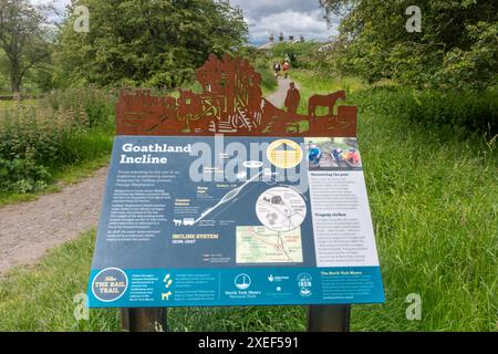 Informationstafel über die Goathland Incline, heute ein Wanderweg namens Rail Trail von Goathland nach Grosmont, North Yorkshire, England, Großbritannien Stockfoto