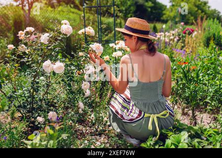 Rückansicht einer jungen Gärtnerin, die nach Strauchpflege im Sommergarten Krokusrosenblumen überprüft. Genießen Sie weiße Blüten nach dem Deadhead Stockfoto