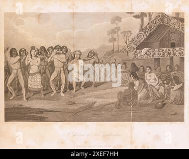 Ein Tanz von Neuseeländern, Maori-Tänzern, die im Dorf auftreten. . Vintage historische Litho von Augustus Earle aus Einer Erzählung von einem neunmonatigen Aufenthalt in Neuseeland im Jahr 1827 Stockfoto