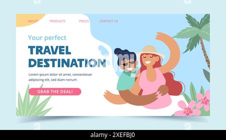 Landing-Page für Reiseziele im Sommer. Glückliches Paar lächelt für ein Foto. Illustration des Konzeptvektors Stock Vektor
