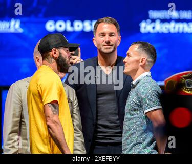 LONDON, VEREINIGTES KÖNIGREICH. Juni 2024. Anthony Cacace (links) und Josh Warrington (rechts) treten am Mittwoch, 26. Juni 2024, in LONDON auf der Queensberry, Matchroom and Riyadh Season Press Conference in der OVO Arena, Wembley, gegenüber. ENGLAND. Quelle: Taka G Wu/Alamy Live News Stockfoto