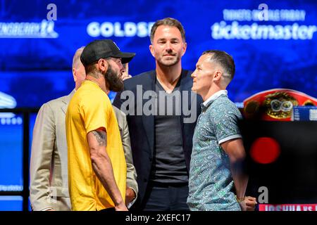 LONDON, VEREINIGTES KÖNIGREICH. Juni 2024. Anthony Cacace (links) und Josh Warrington (rechts) treten am Mittwoch, 26. Juni 2024, in LONDON auf der Queensberry, Matchroom and Riyadh Season Press Conference in der OVO Arena, Wembley, gegenüber. ENGLAND. Quelle: Taka G Wu/Alamy Live News Stockfoto