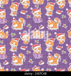 Nahtloses Muster mit niedlicher Weihnachts-Zeichentrickkatze im Weihnachtsmann-Hut mit festlicher Girlande und Geschenkbox auf lila kariertem Hintergrund. Vektorabbildung. K Stock Vektor