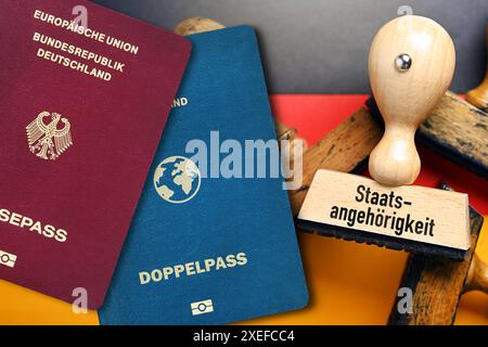 FOTOMONTAGE, Stempel mit Aufschrift Staatsangehörigkeit auf deutscher Fahne und Doppelpass, Gesetz zur Modernisierung des Staatsangehörigkeitsrechts *** FOTOMONTAGE, Stempel mit Aufschrift Staatsangehörigkeit auf deutscher Flagge und Doppelpass, Gesetz zur Modernisierung des Staatsangehörigkeitsrechts Stockfoto