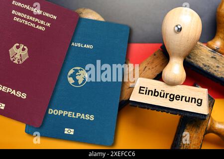 FOTOMONTAGE, Stempel mit Aufschrift Einbürgerung auf deutscher Fahne und Doppelpass, Gesetz zur Modernisierung des Staatsangehörigkeitsrechts *** FOTOMONTAGE, Stempel mit Inschrift Einbürgerung auf deutscher Flagge und Doppelpass, Gesetz zur Modernisierung des Staatsangehörigkeitsrechts Stockfoto