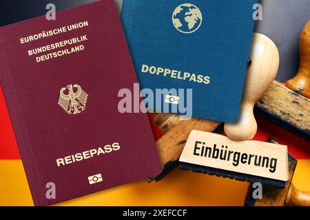 FOTOMONTAGE, Stempel mit Aufschrift Einbürgerung auf deutscher Fahne und Doppelpass, Gesetz zur Modernisierung des Staatsangehörigkeitsrechts *** FOTOMONTAGE, Stempel mit Inschrift Einbürgerung auf deutscher Flagge und Doppelpass, Gesetz zur Modernisierung des Staatsangehörigkeitsrechts Stockfoto