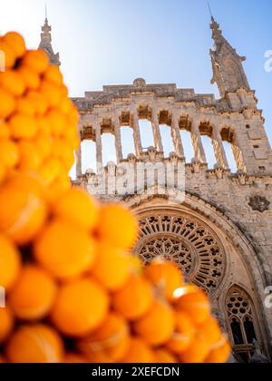 Atmosphäre der Orangenmesse Sóller Fira de la Taronja am Platz Constitució de la in diesem Porträt des Brunnens mit Reifen Orangen. Stockfoto