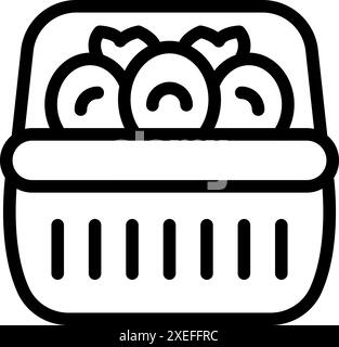 Strichgrafik-Symbol eines Korbkörpers voller Äpfel mit Blättern über dem Rand Stock Vektor