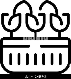 Line Art Icon mit drei Pflanzen, die aus einem hydroponischen Tablett wachsen, perfekt für Landwirtschafts- und Gartenprojekte Stock Vektor