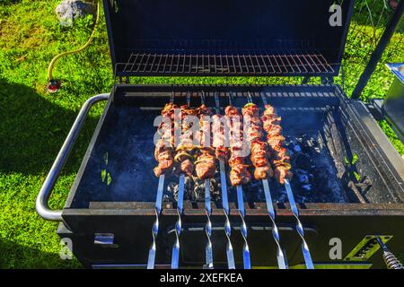 Nahaufnahme von Grillspießen, die an einem sonnigen Sommertag über Holzkohle grillen. Stockfoto