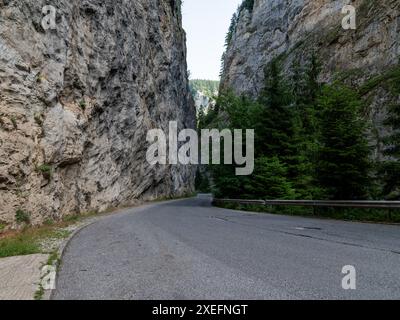 Gewundene Asphaltstraße, die durch eine enge Schlucht mit steilen felsigen Klippen führt Stockfoto